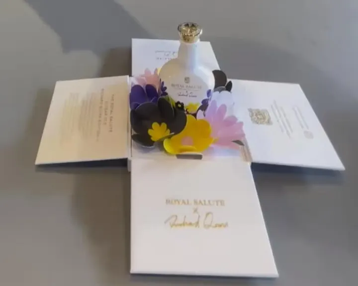Royal Salute Richard Quinn Edition II Floral miniature in a white pop-up box with paper flowers
