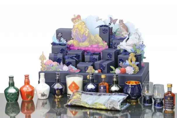 Royal Salute Richard Quinn launch set with miniatures, candles and glasses